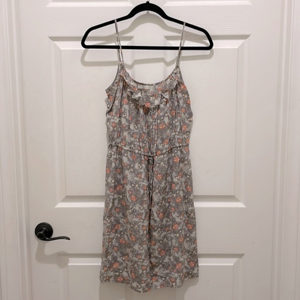 Hinge Gray Floral with Orange Flowers Spaghetti Strap Gathered Waist Silk Dress - Picture 1 of 9
